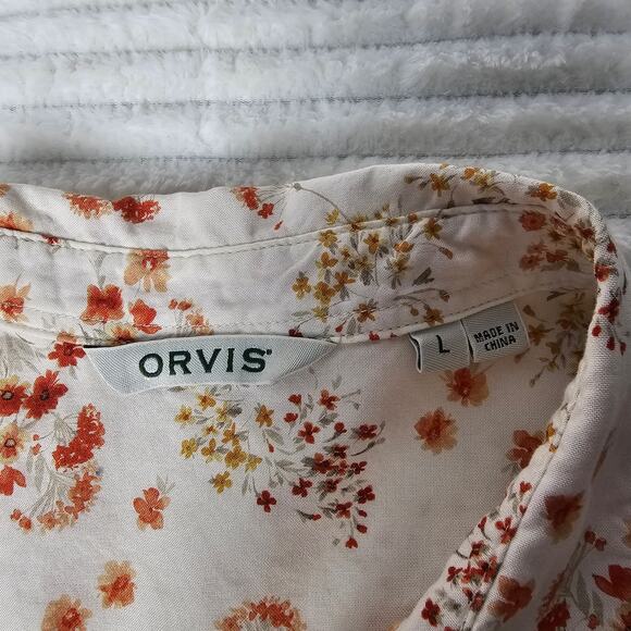Orvis Women’s L Floral Button Front Shirt Cream Orange Cotton Modal Short Sleeve - Picture 6 of 9